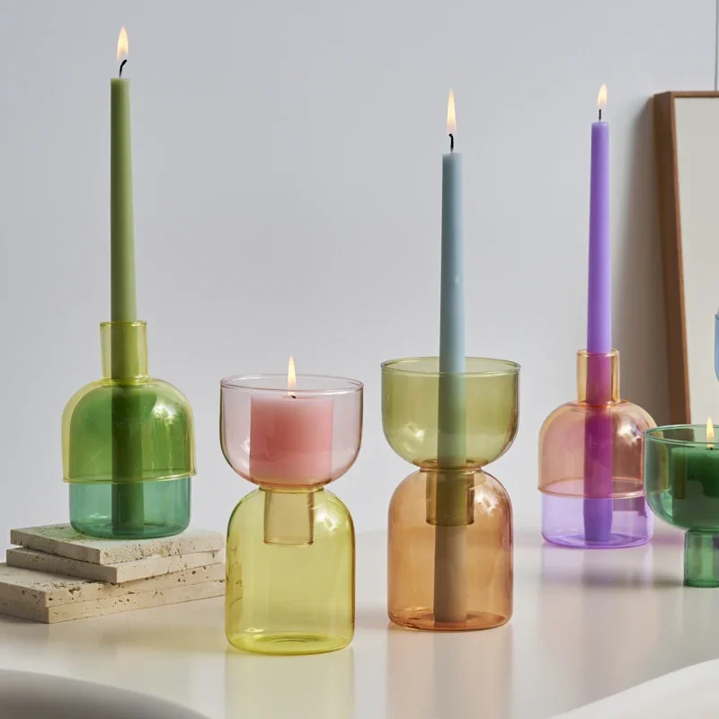 Soporte de vela para pilar, florero de vidrio colorido, tarro de botella decorativo, cuenco de almacenamiento, contenedor de plantas, decoración del