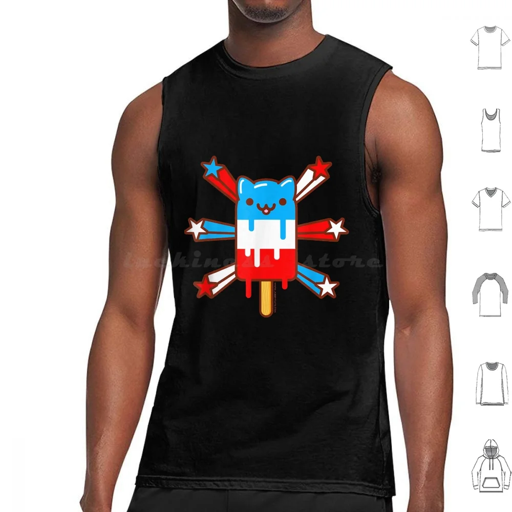 Red White & Blue Popsicle Cat-4Th Of July Tank Tops Print Cotton Monsters Food Sushi Great Wave Off Kanagawa Retro