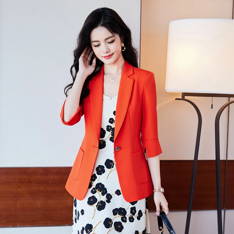 NAVIU Orange Blazer Pocket Women New Spring Summer White Black Professional Slim Half Sleeve Jacket Office Lady Work Coat Tops