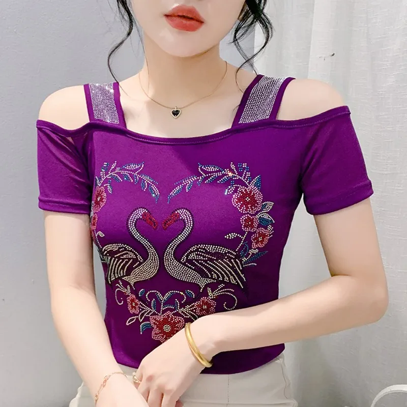 High Quality Summer Clothes Sexy Luxury T-Shirt Swan Shiny Diamonds Women's Off-Shoulder Brand Chic Tops Femmes Tees