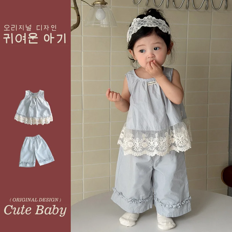 

One-year-old baby girl's clothing set, toddler lace trim sleeveless wide-leg pants two-piece summer outfit