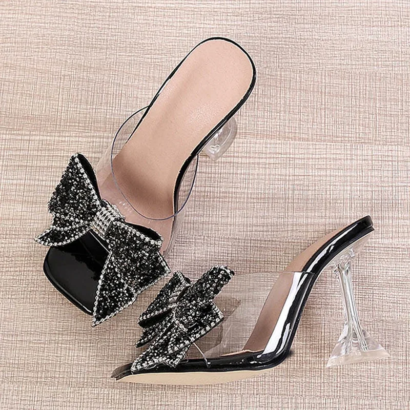 2024 New Transparent Slippers for Women Fashion Silver Crystal Bowknot High Heels Women Clear Mules Slides Summer Heeled Sandals