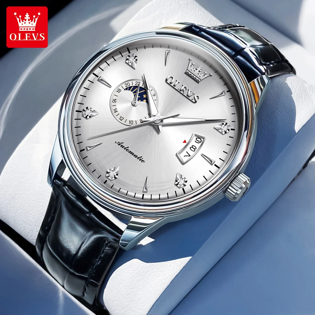 OLEVS 7040 24h القمر المرحلة ساعة رجالي مقاوم للماء حزام من الجلد الساعات الطلب البسيط التقويم التلقائي الميكانيكية ساعة رجالي #1