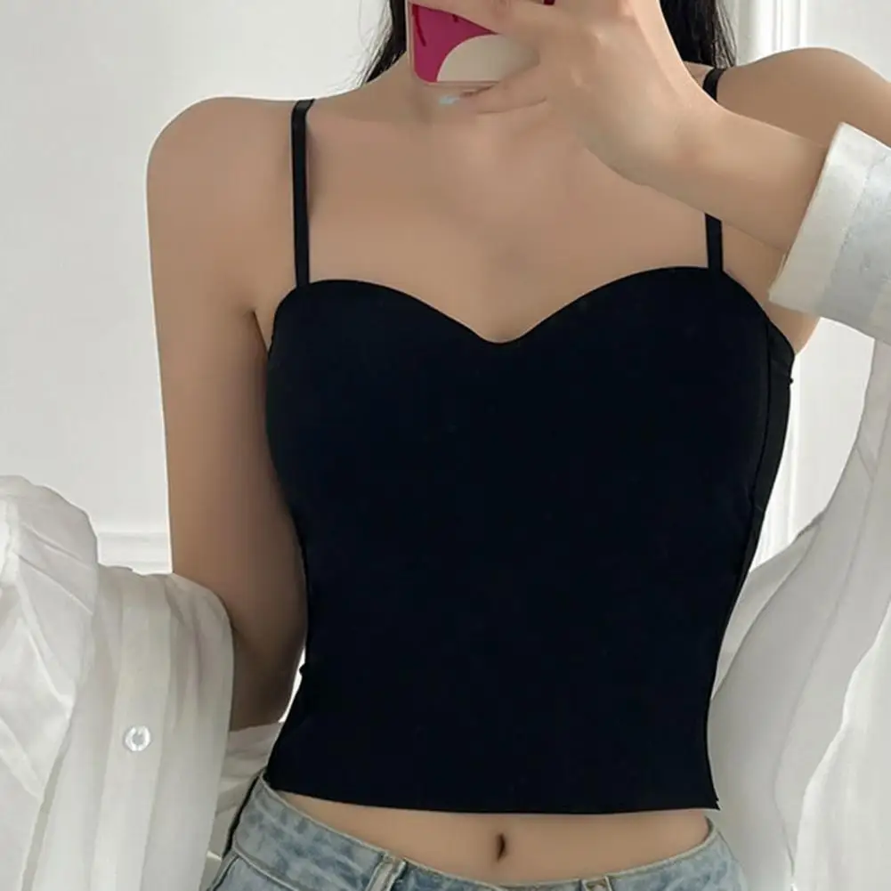 Summer Top Slim Fitted Sleeveless Camisole Shirts Women's Spaghetti Strap Tank Tops Built in Bra Double Lined Padded Cami 90