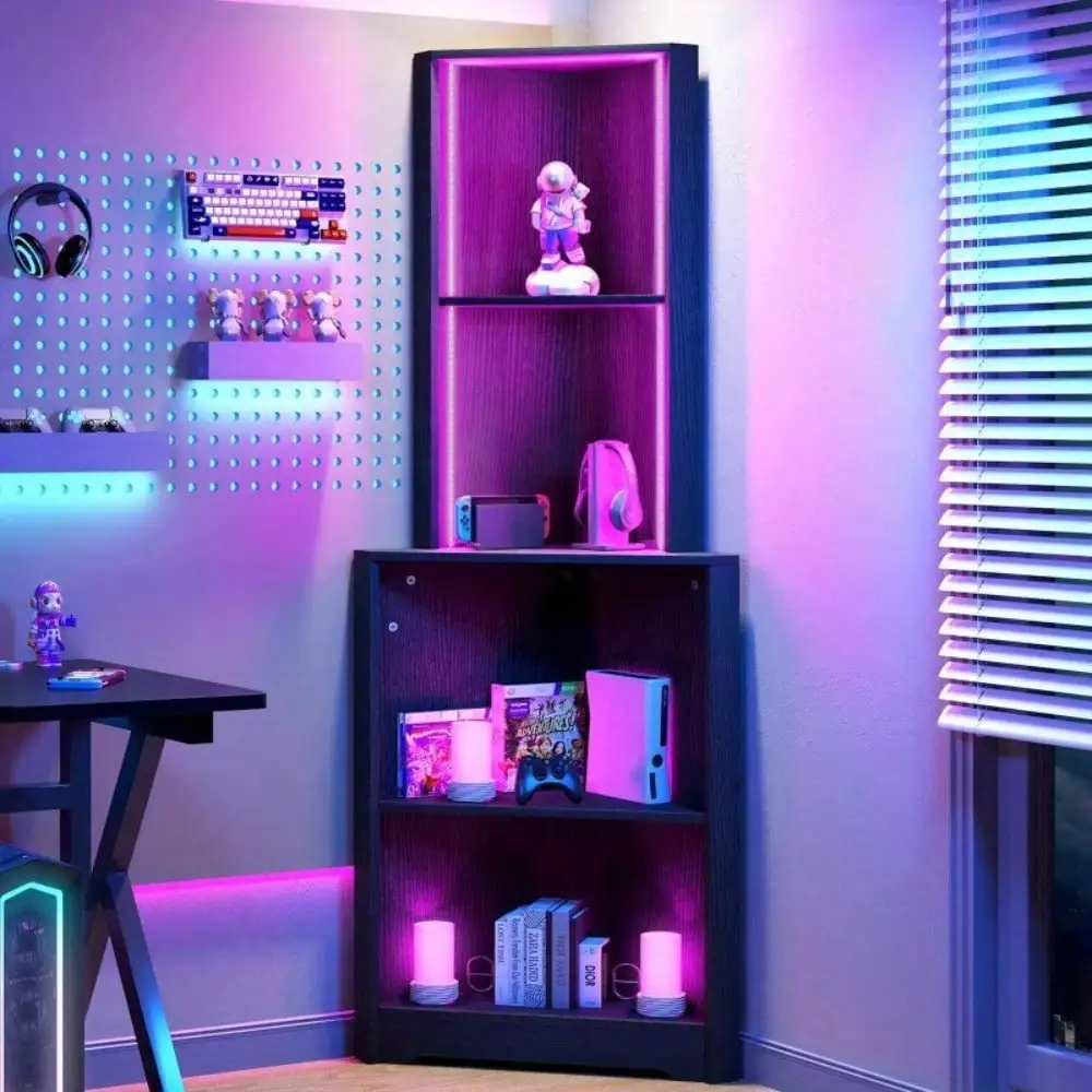 Beautiful multi-color light bar, stepped bookshelf, open storage shelf, non-slip foot pad, anti-tip cover, right-angle design