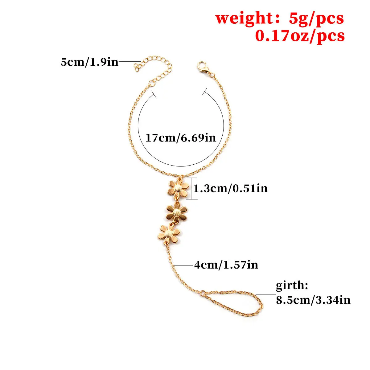 Simple flower Pendant Chain Bracelet Link Connected Gold plated Wide Finger Ring Bracelets for Women Link Hand Harness Jewelry