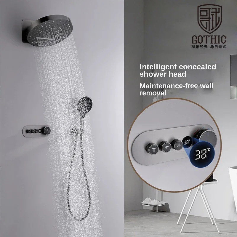 

Gun Gray White Concealed Shower Faucet Copper Wall Mounted Constant Temperature Digital Display Flying Rain Waterfall Shower Set