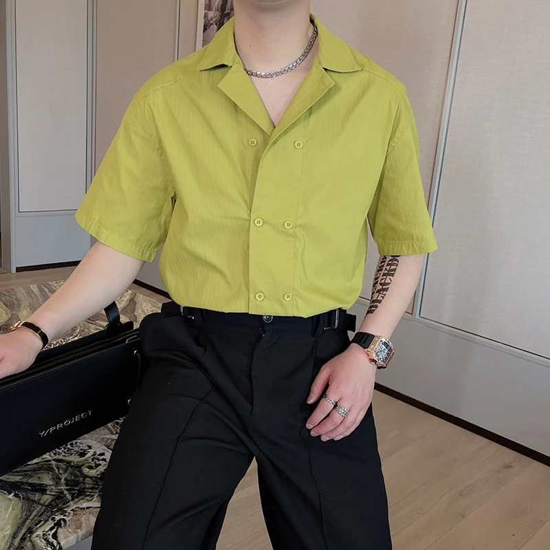 

Casual Stripe ort Sve irt Men's Summer Faion Versatile Lightweight Mature Sle Double Button Design Loose Fit irt
