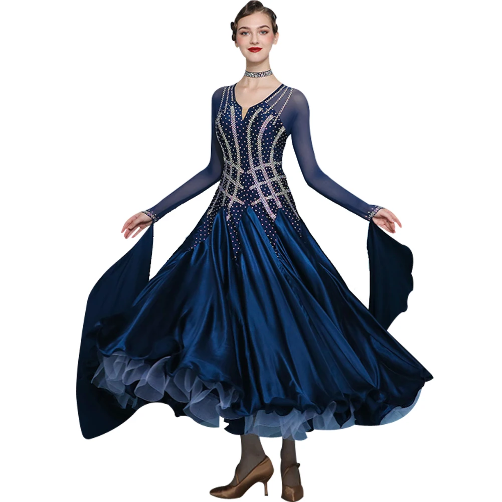 Dance Competition Costume Women Advanced Ball Gown Ladies Diamond-studded Costumes V-neck Dress for Standard Long Sleeves Stage