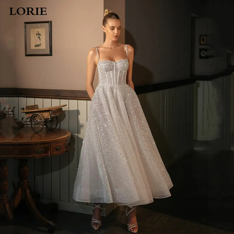 LORIE Shiny Sweetheart Princess Wedding Dresses Glitter Tulle Sexy Spaghetti Straps Ankle Length Boho Bride Dresses