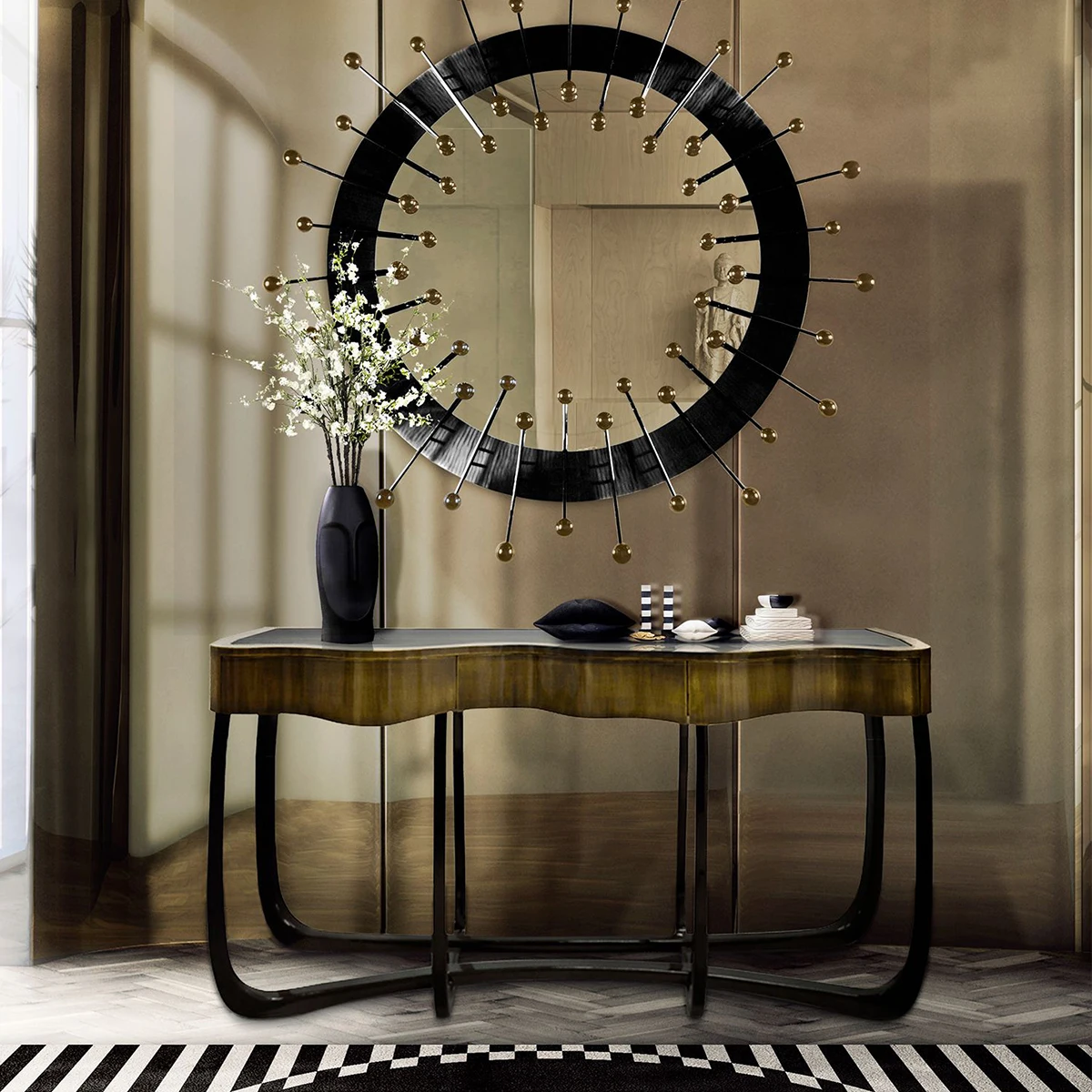 Luxury Modern Entryway Living Room Handcrafted Mahogany Structure Polished Brass and Three Functional Drawers Console Table