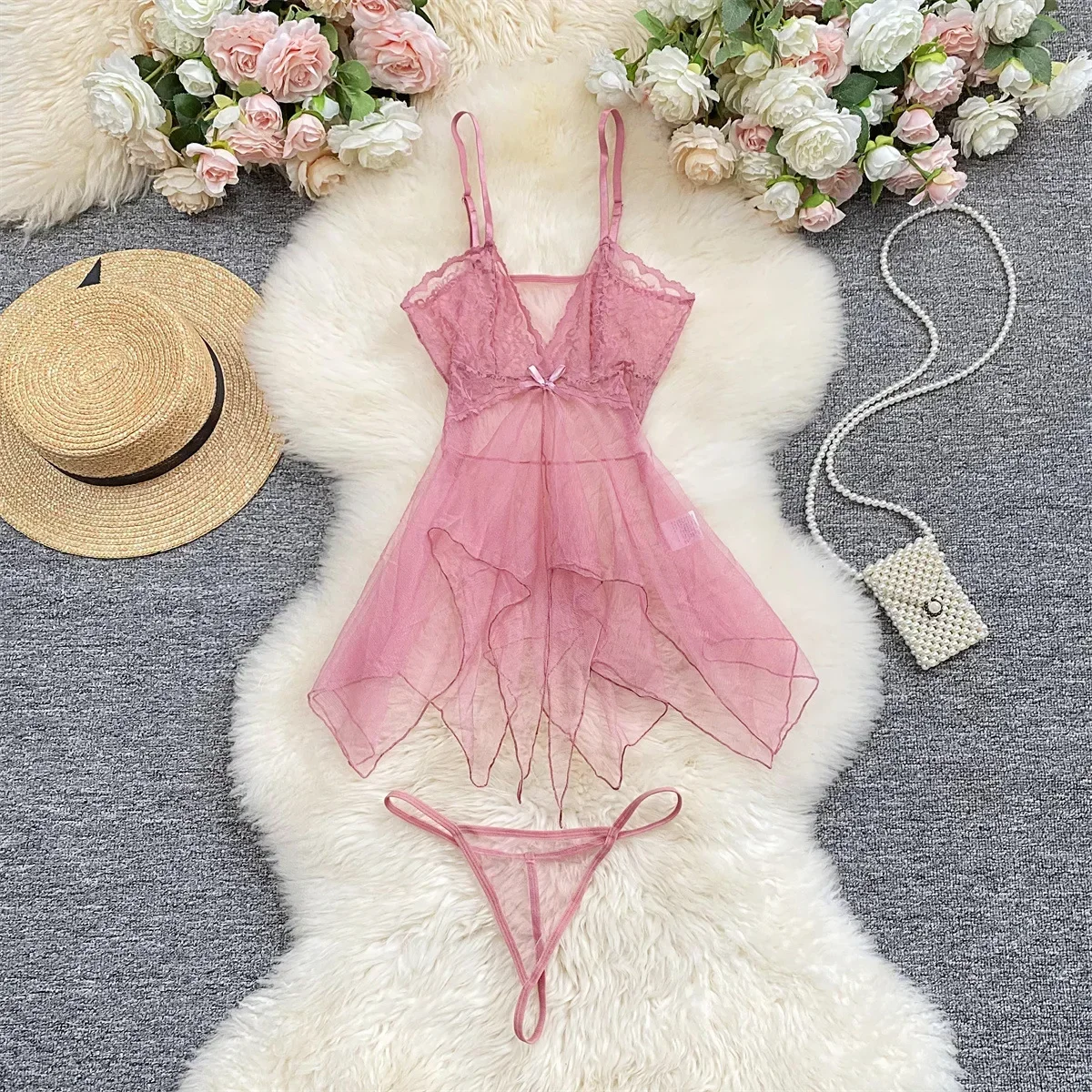 New Women Underwear Sexy Hot Mesh Perspective Cute Tulle Nightdress Seductive Lingerie Set Flirty Transparent Tempting Nightgown