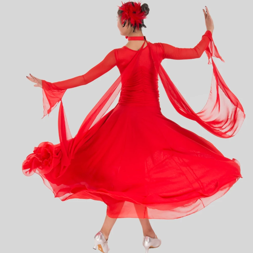 Gesellschaftstanzkleid Schwarz Rose Rot Standard-Wettkampfkleid V-Ausschnitt Band Mesh Langarm Übungstanzkostüm