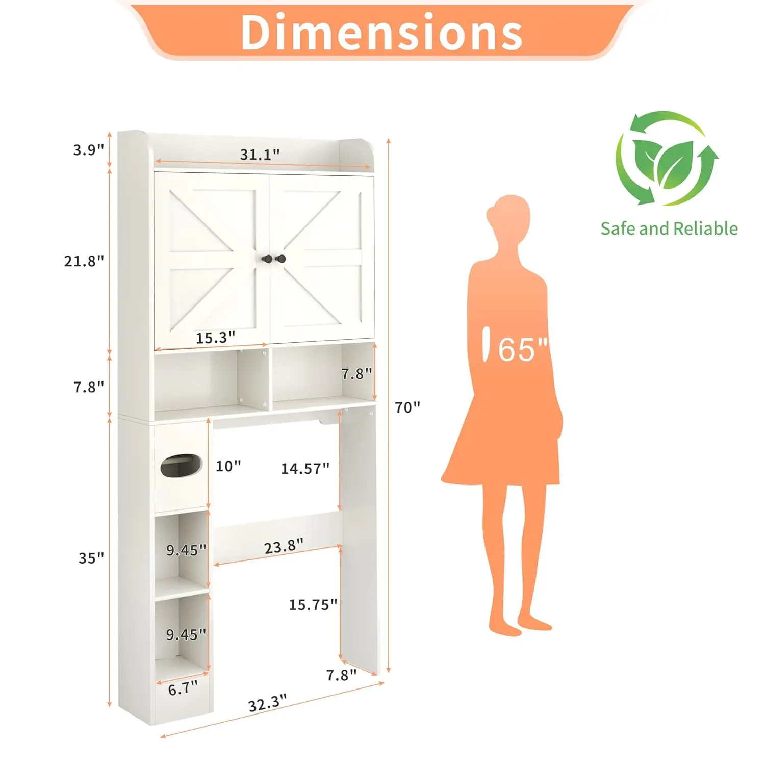 new Over Toilet Storage Cabinet with Barn Door, Tall Bathroom Organizer Shelf & Paper Holder, White, Laundry