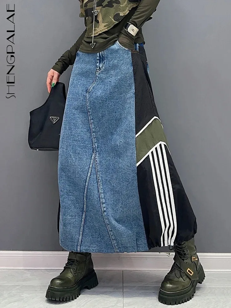 SHENGPALAE Denim Patchwork Skirt For Women Autumn 2024 New Striped Contrast Color Versatile A-line Ankle Length Skirts 5R7923