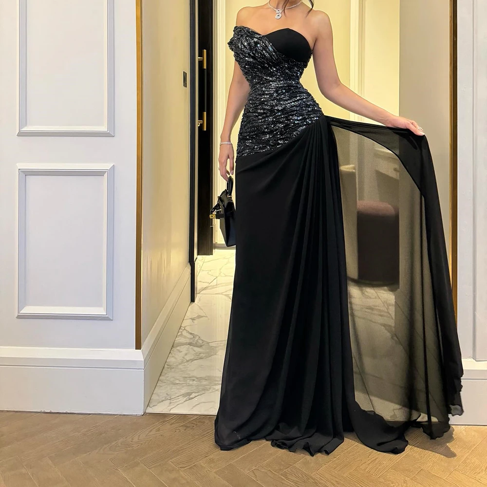 

Customized A-line Evening Dresses Floor-length Off The Shoulder Sleeveless Prom Gown Fashion Sequined Draped Backless Party Gown