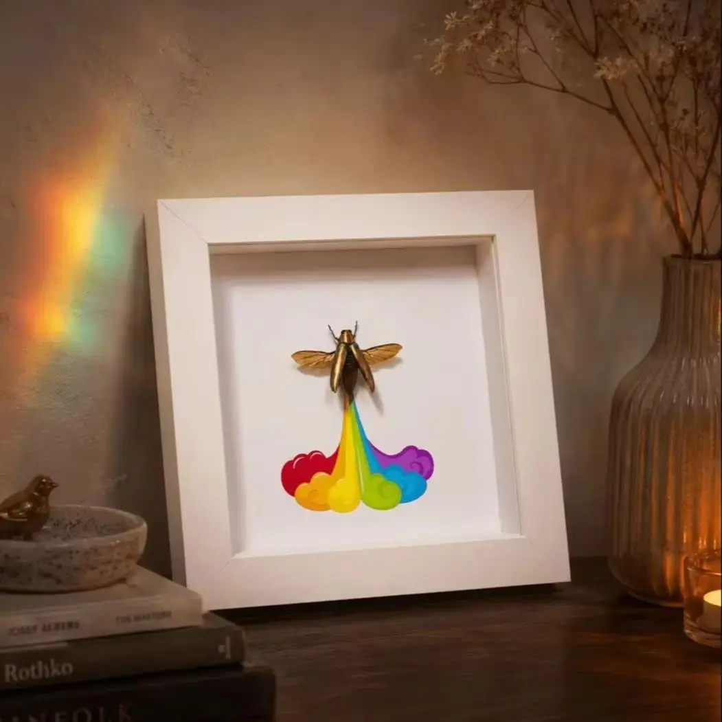Real Jewel Beetle Specimen in 6-Inch White Wood Frame, Rainbow Trail Insect Wall or Desk Decor
