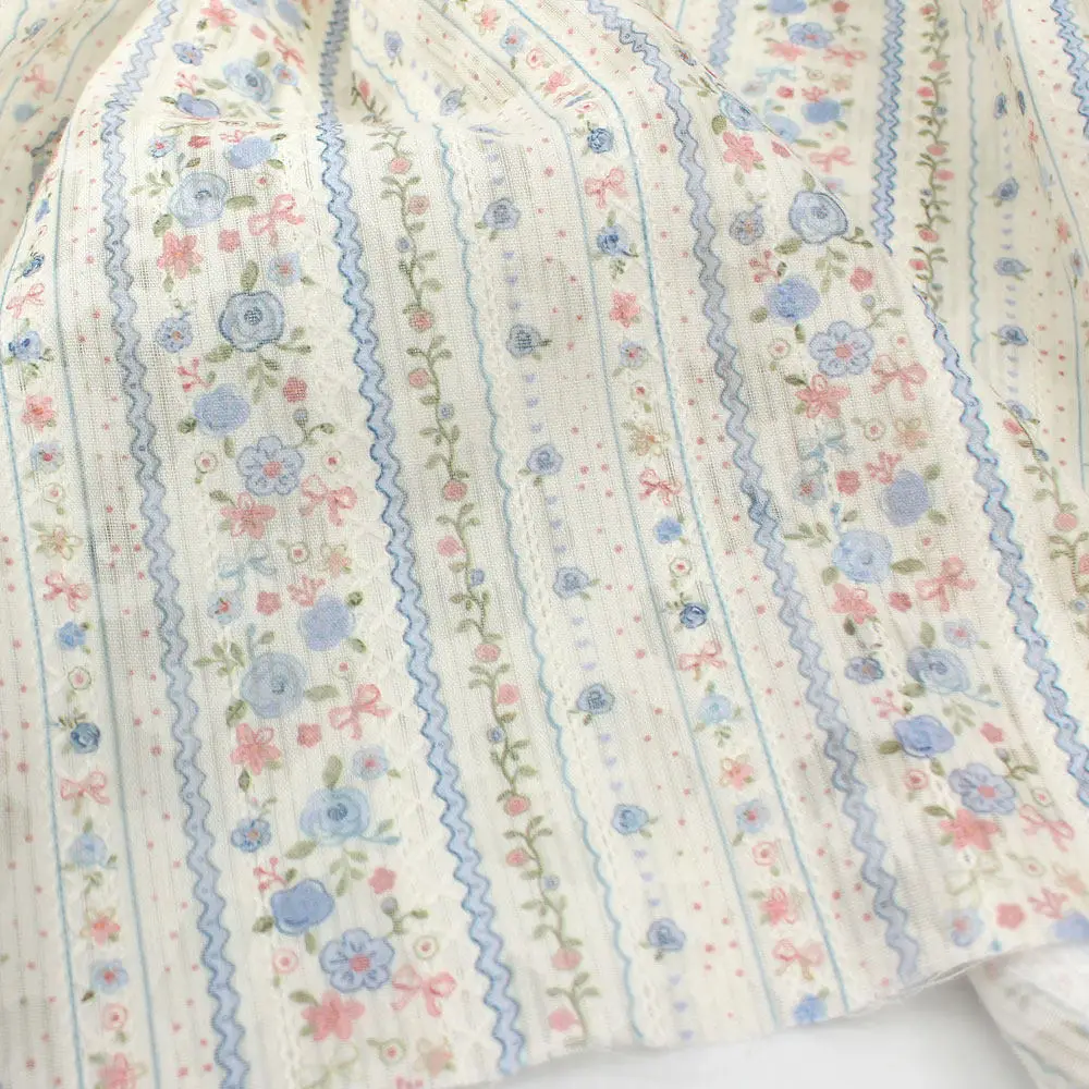 

Light Blue Thin Jacquard Fabric with Rhombus Embroidery, Burn-out & Small Floral Print, Subtle Stripe Design for Tops, Dresses,