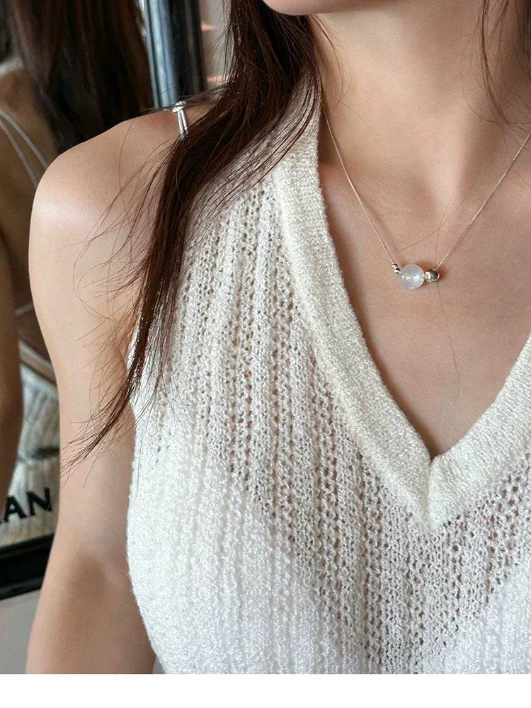 Silberfarbene Halskette mit einzelnem runden künstlichen Imitationskristall-Anhänger für Damen und Herren, Box-Kette, zierlicher Choker, Schmuck, Geschenk – Detail 12