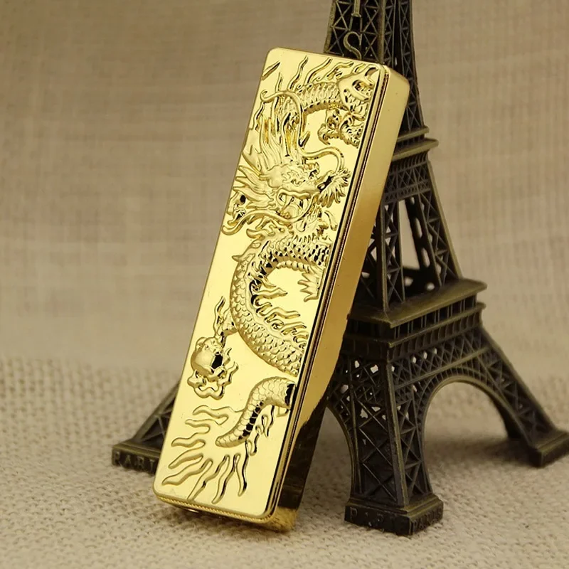 New Metal Embossed Dragon Direct Charge Windproof Lighter Personalized Gold Bar Shape Inflatable Lighter Smoking Tool
