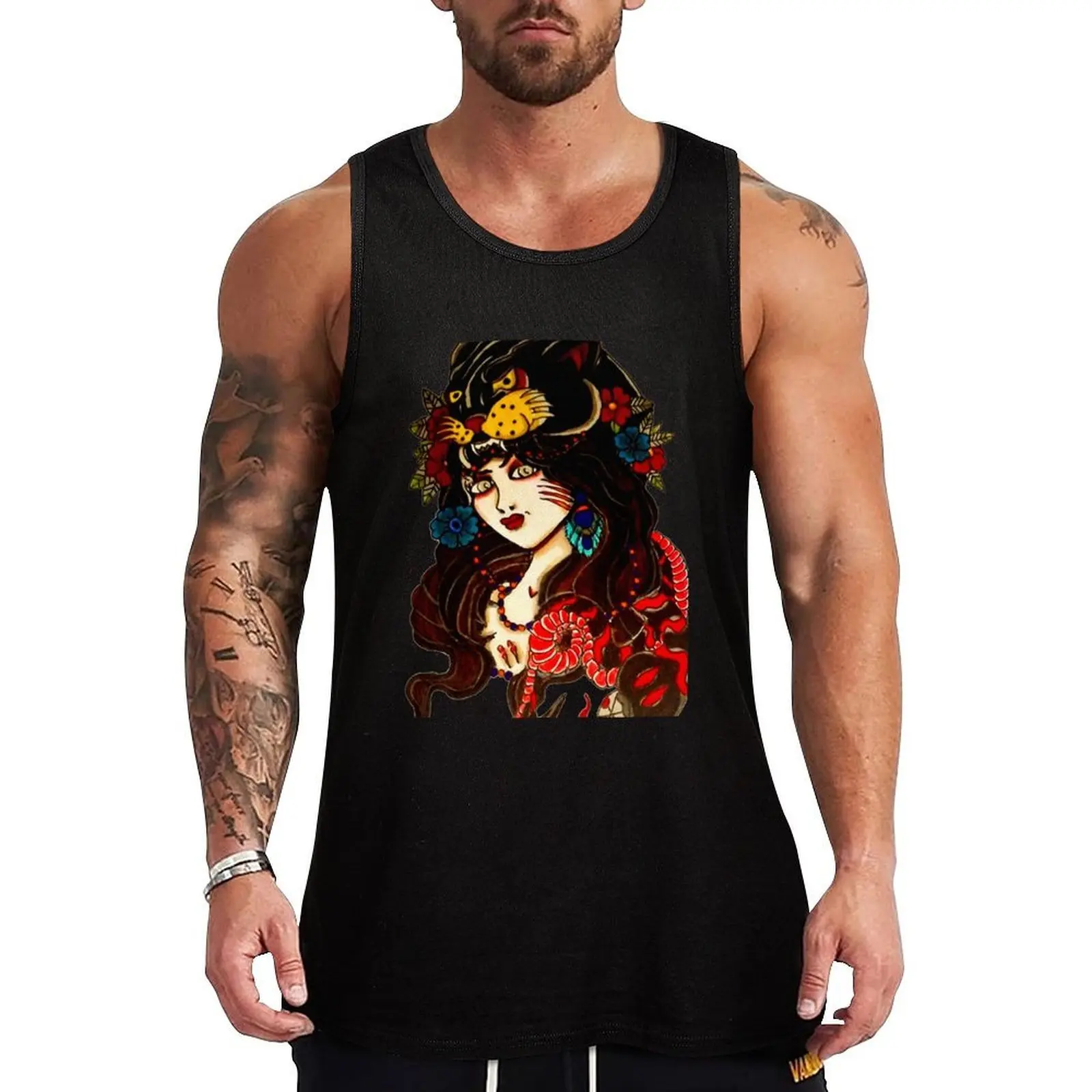 Lady With Panther Cowl: Traditional Tattoo Art Tank Top Relaxed Casual Tank Top Lightweight Summer Sleeveless