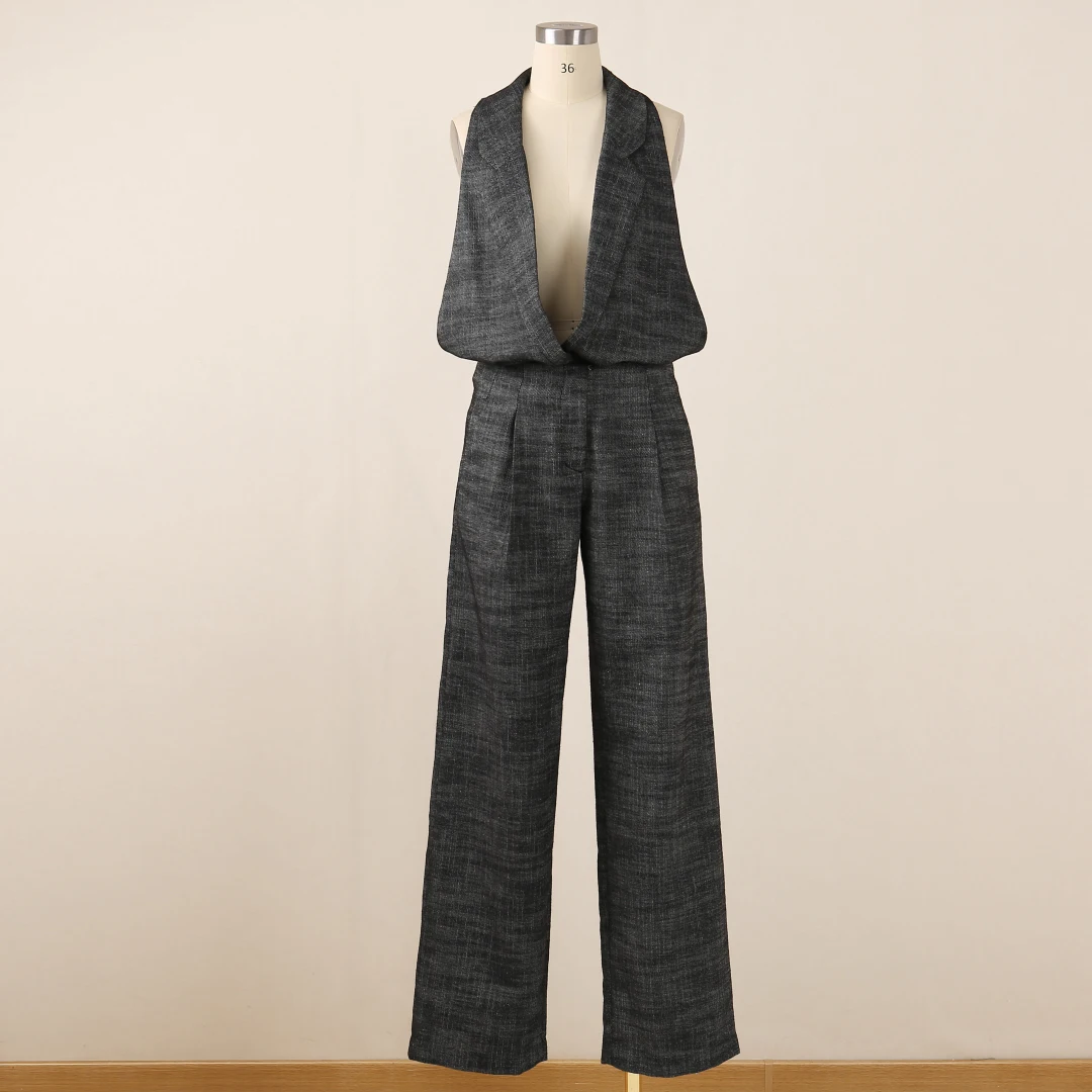 

Grey Textured Suit Set: Sleeveless Lapel Vest & Wide - Leg Trousers for Women, Elegant Office Wear