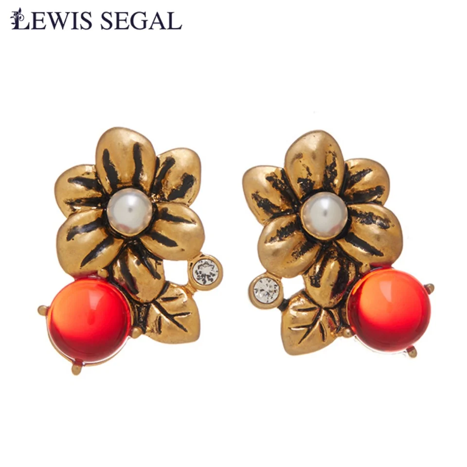 

LEWIS SEGAL Medieval Style Vintage Golden Flower Red Glaze Beads Stud Earrings for Women 18K Gold Retro Fine Jewelry