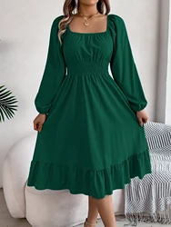 Autumn Winter Elegant Solid Color Square Neck Long Sleeved Ruffles A-line Dress Women Dresses