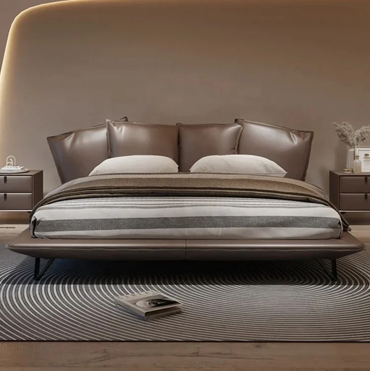 Minimalist Italian leather bed modern light luxury master bedroom double high-end king bed for bedroom furniture