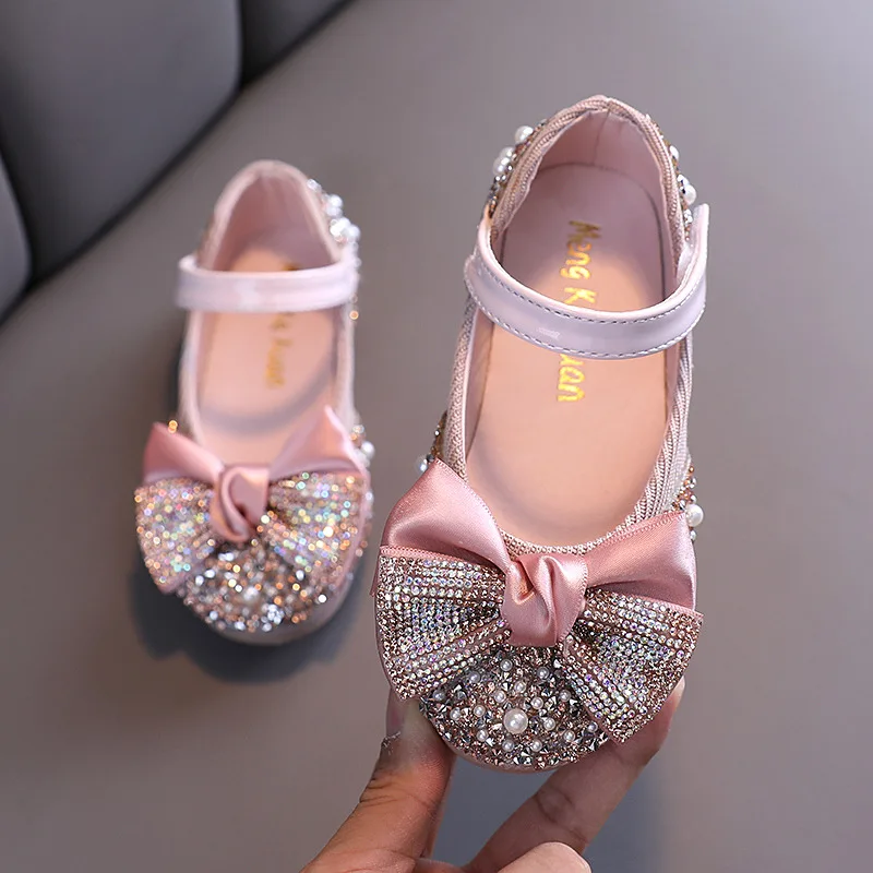 

21-36 2025 New Children Leather Shoes Rhinestone Bow Princess Girls Party Dance Shoes Baby Student Flats Kids Performance Shoes