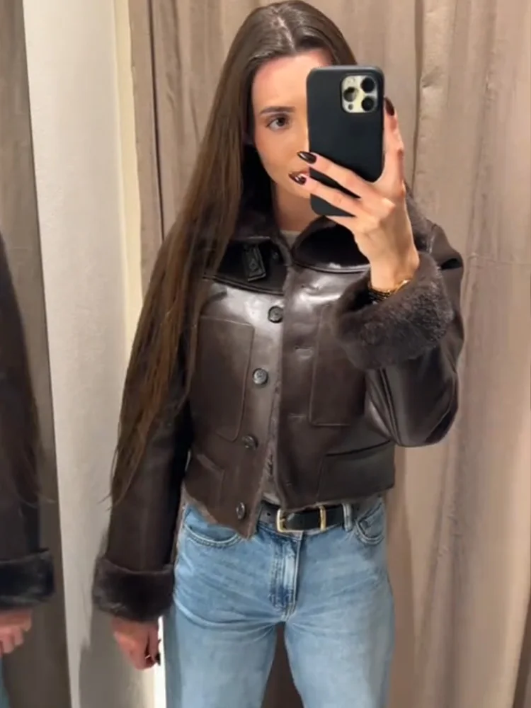 HH Women Chic Reversible Faux Fur Jacket Woman Fashion High Collar Single Breasted Pocket Decorated Long Sleeve Warm Winter Coat