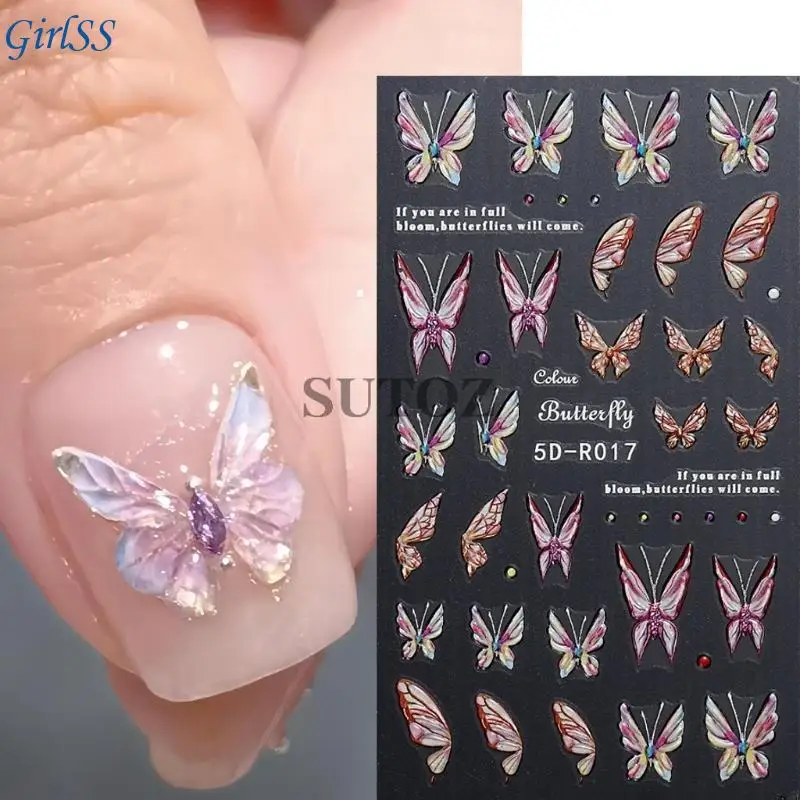 DIY Art 5D Butterfly Stickerrs Adesivo relevo dourado Dicas manicure Decoração para mulheres T4MB