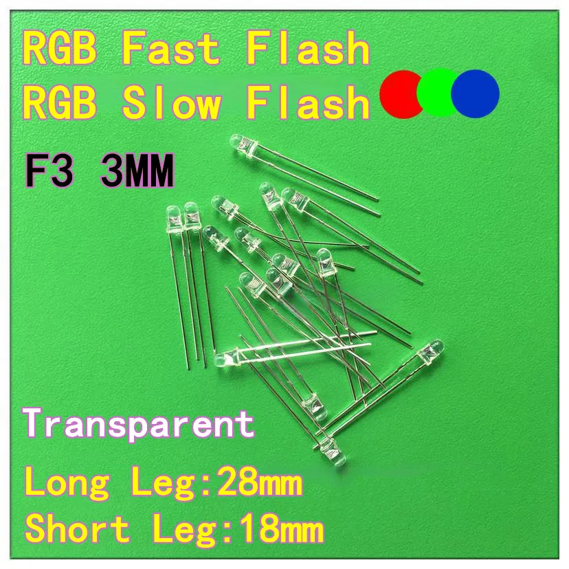 100PCS F3 Fast-Flash RGB Auto-Flash 3MM Long-Leg Short Leg Slow Flash Transparent LED Red-Blue-Green 3-Color Alternating Flash