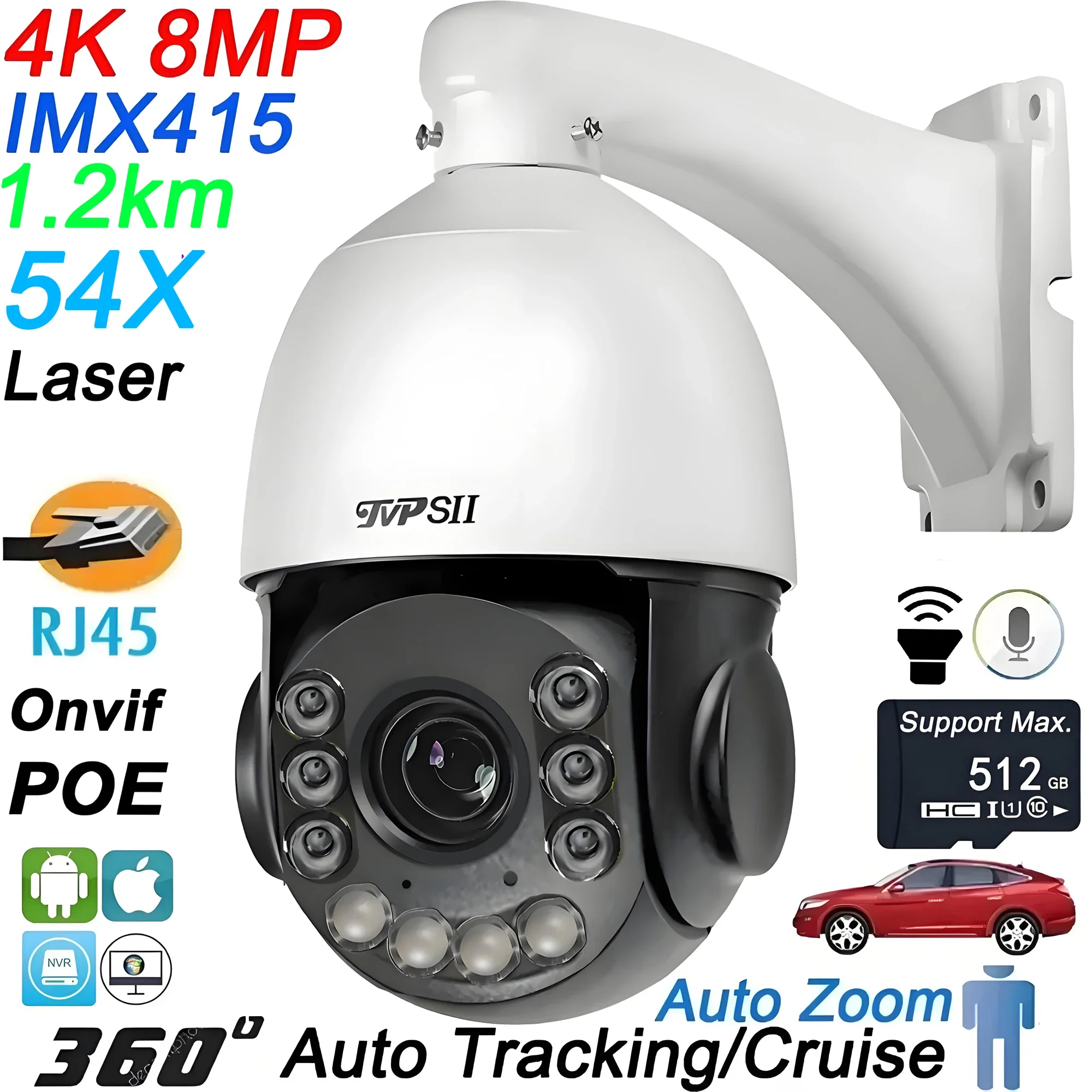 H.265+ Laser infravermelho metal inteligente rastreamento automático cruzeiro 8MP 4K 54X zoom óptico 360 °   Áudio ONVIF PTZ Speed Dome POE Câmera IP