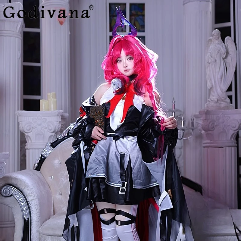 Cosplay Gioco bidimensionale Abito da donna Nero Copricapo Coda Gioco di ruolo Costume Set Abito da ragazza Decorazione con fiocco Abiti