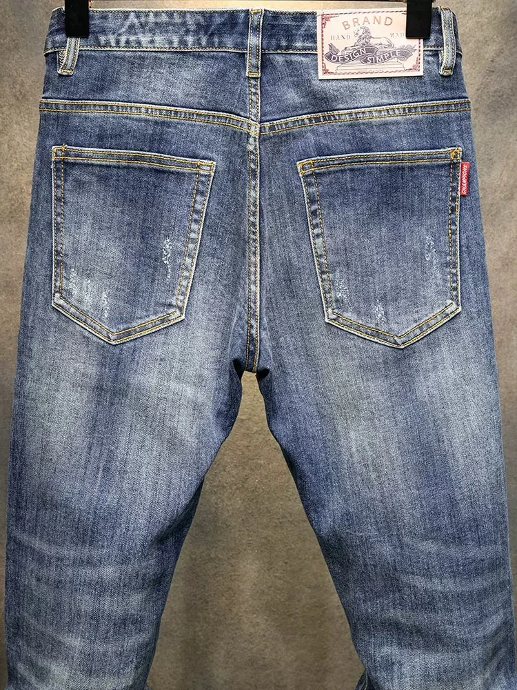 Fashion Designer Men Jeans High Quality Retro Blue Elastic Slim Fit Ripped Jeans Men Patched Vintage Casual Denim Pants Hombre