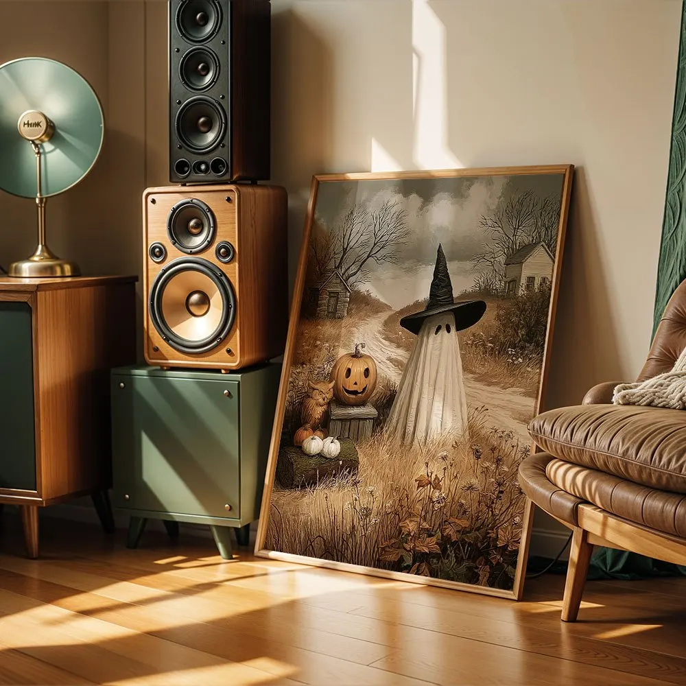 Vintage Country Ghost With Witch Hat Canvas Print, Pumpkin Owl Rural Halloween Oil Painting Poster, Unframed Canvas Wall Art Got