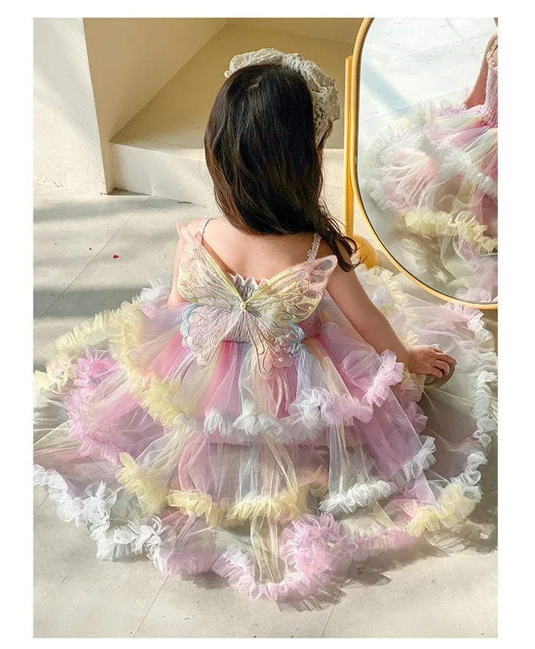 New Summer Princess Dress for Girls Strap bow Rainbow gradient Sleeveless Strap Dresses Kids Newborn Birthday Party Clothing