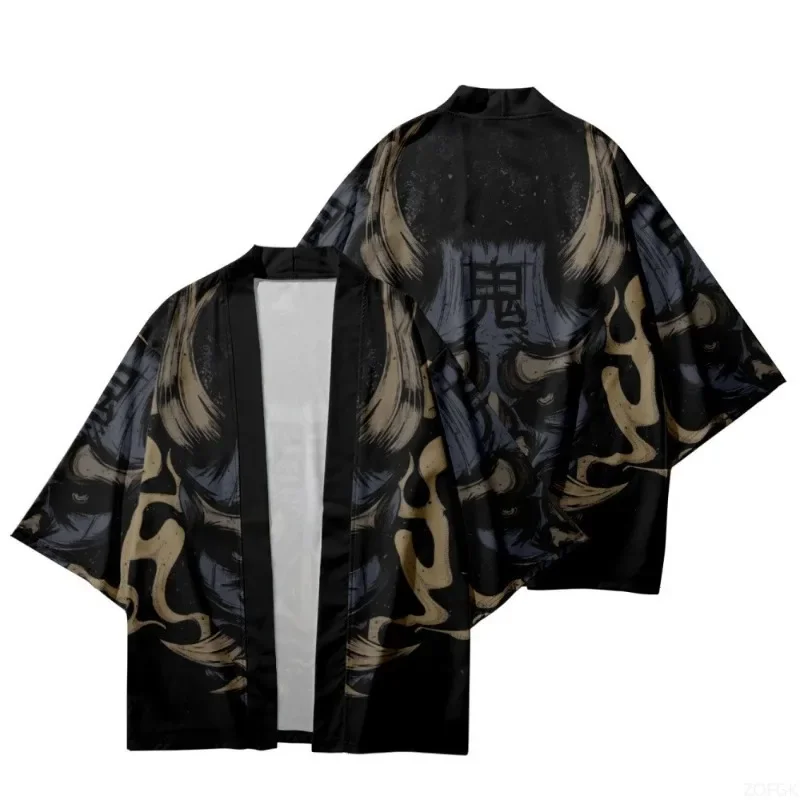 Mens Japanese Hannya Dragon Kimono Cardigan Haori Tattoo Print Three Quarter Sleeve Casual Streetwear Loose Open Front Jacket