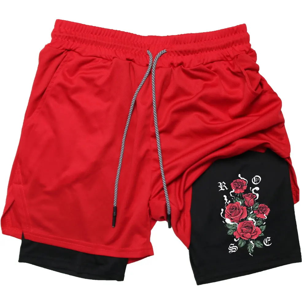 

Sport Running Roses Print Compression Shorts 2 In 1 Beach Bottoms Y2K Summer Gym Fitness Training Jogging Short Pants