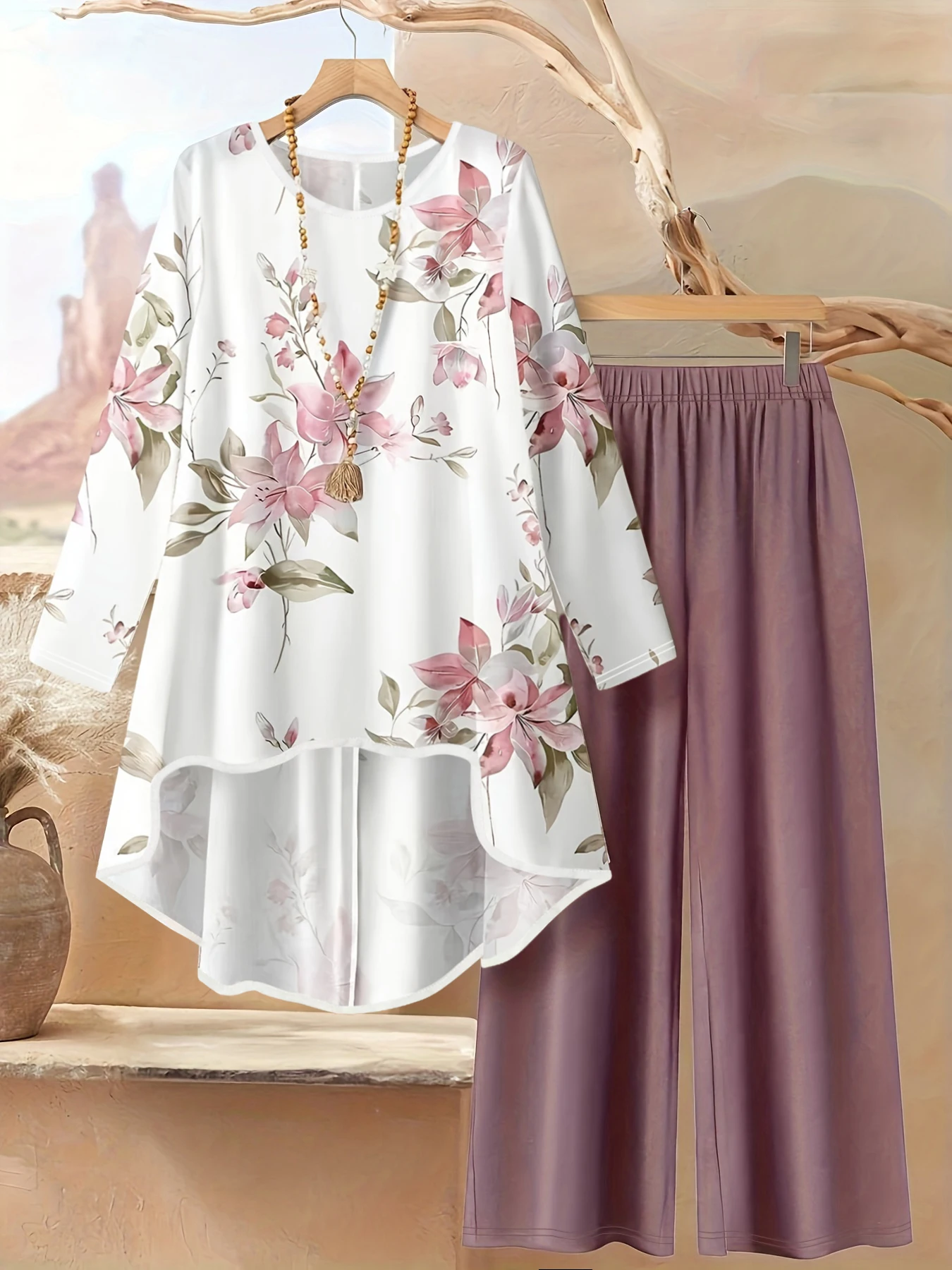 Fashionable New Women's Floral Print Casual Long-Sleeve Round-Neck Top with Irregular Hem and Solid Color Pants Set - Spring/Summer Random Print Pattern Two-Piece Set