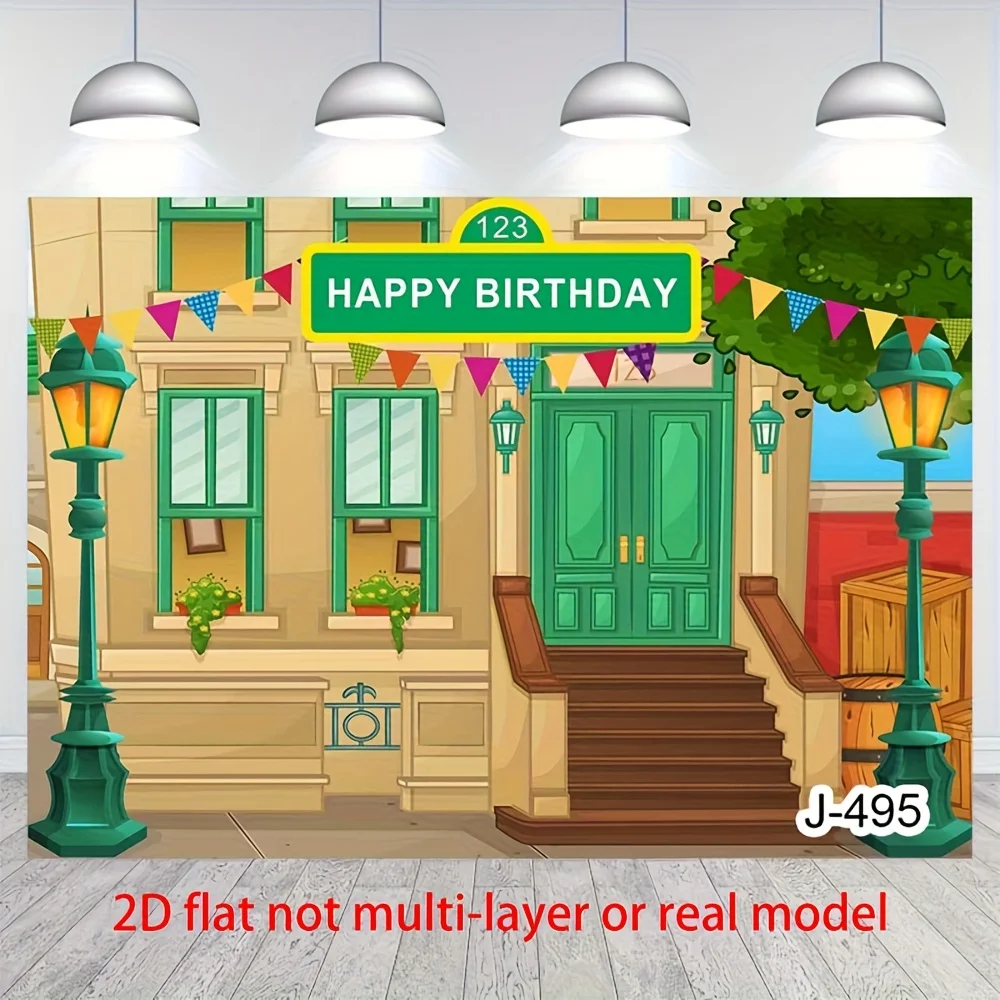 Bannière plate 2D – Décoration de fond joyeux anniversaire et douche pour jeunes, thème de maison de rue, avec porte verte et drapeau coloré