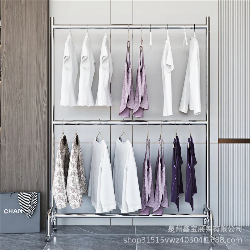 Custom Clothing Store Display Rack Stainless Steel Double Layer Garment Rack Movable Display Shelf Clothes Rack Floor Stand with