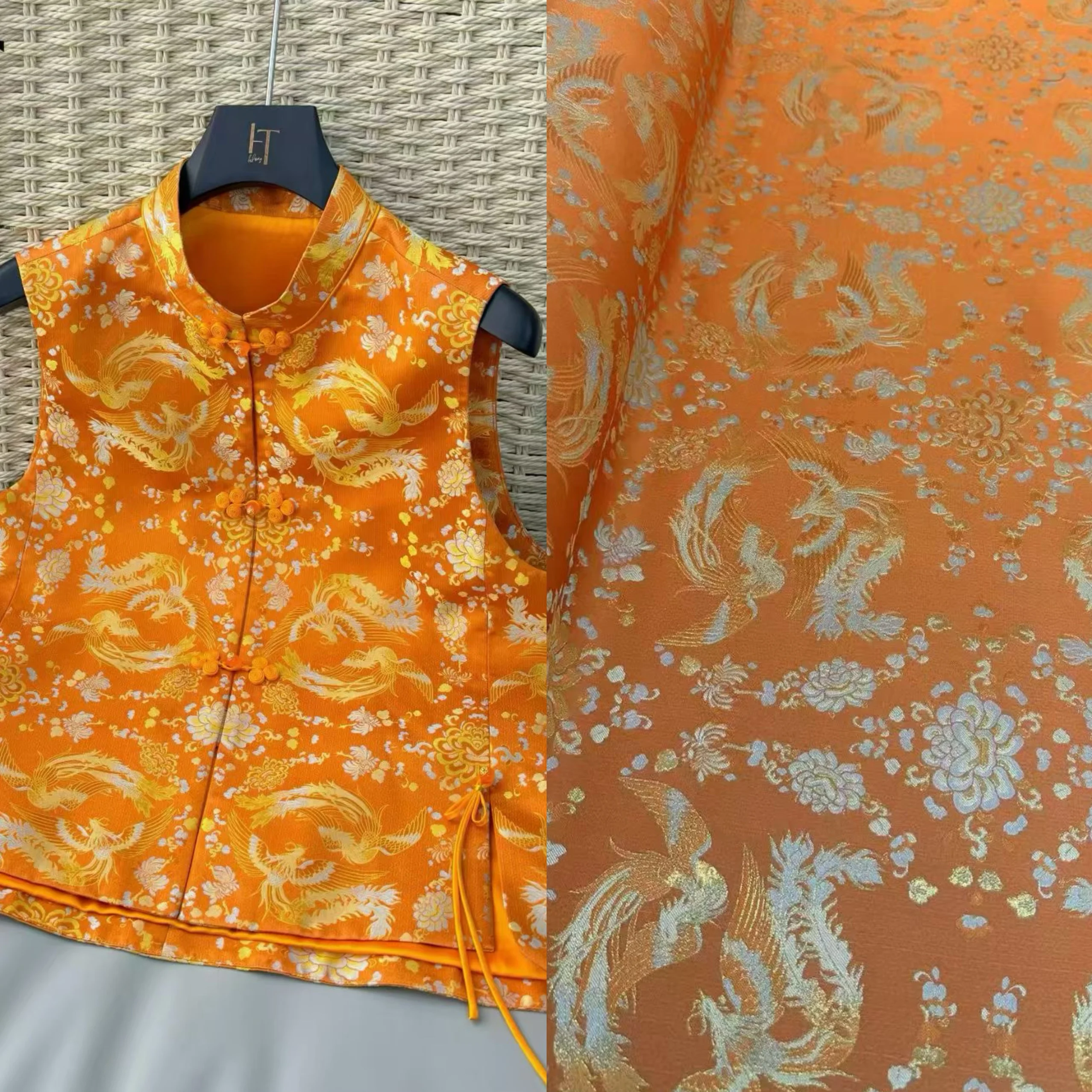 

Phoenix Flying Orange Silk Sutra Song Jin Silkworm Fabric High Definition National Style Vest Coat Material 14 Meters