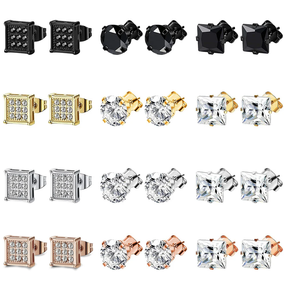 

1-12 Pairs Hypoallergenic Stainless Steel Square Round Cubic Zirconia Stud Earrings Set for Women Men Silver Black Gold Rosegold