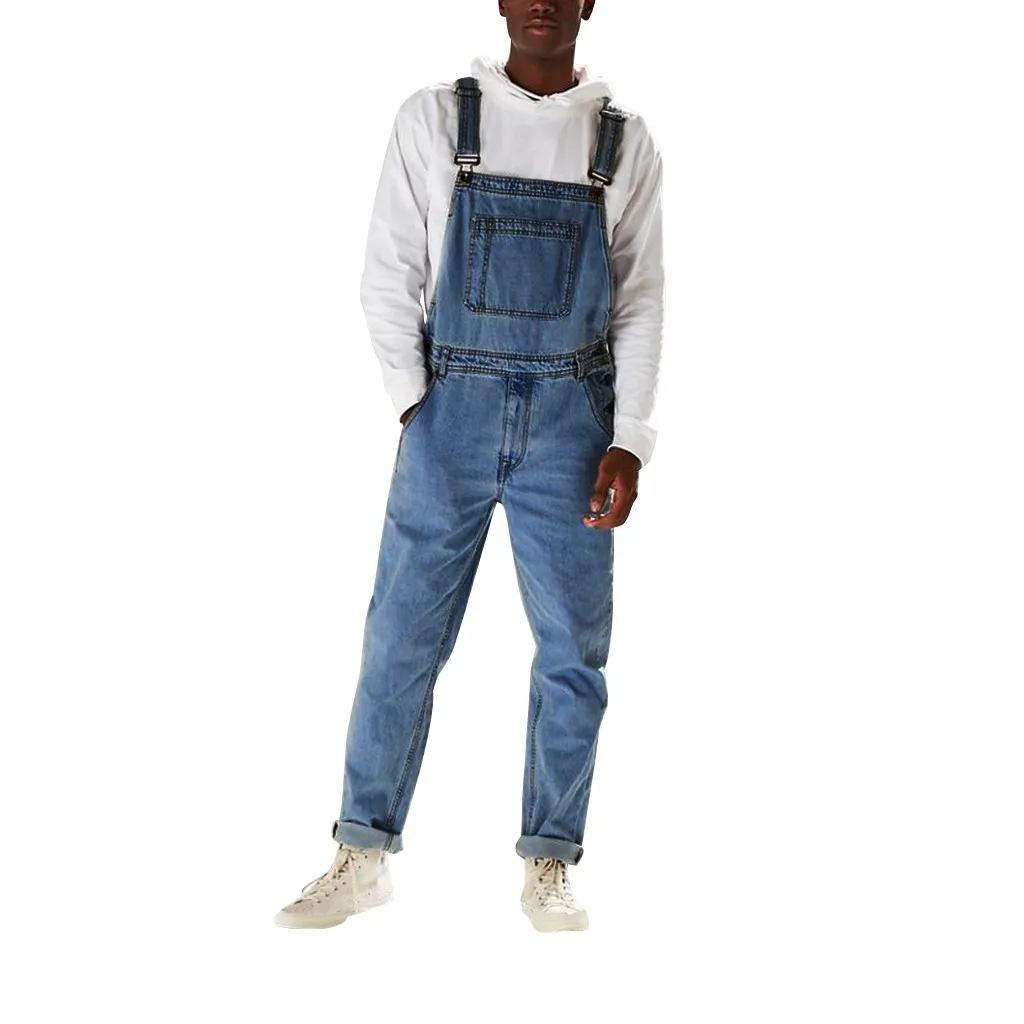 

Men'S Denim Overall Bottoms Vintage Solid Color Multi-Pocket Straight Pants Dungarees Fashion Youth Streetwear Denim Trousers