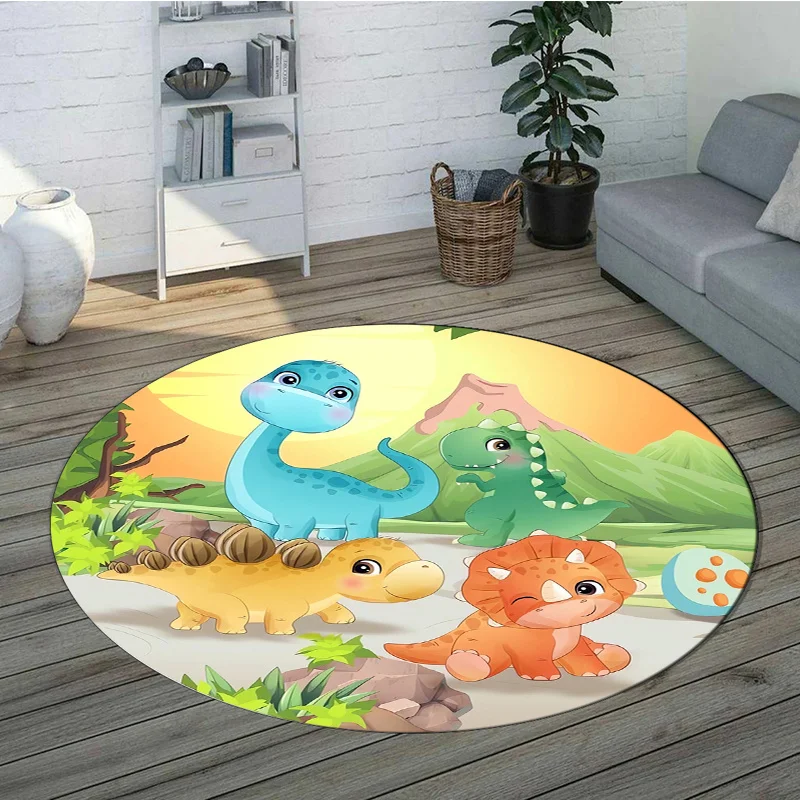 Cute Cartoon Dinosaur Mountain Sunset Round Rug, Jurassic Baby Dino Green Plant Floor Mat for Kids Bedroom Playroom Sofa Side
