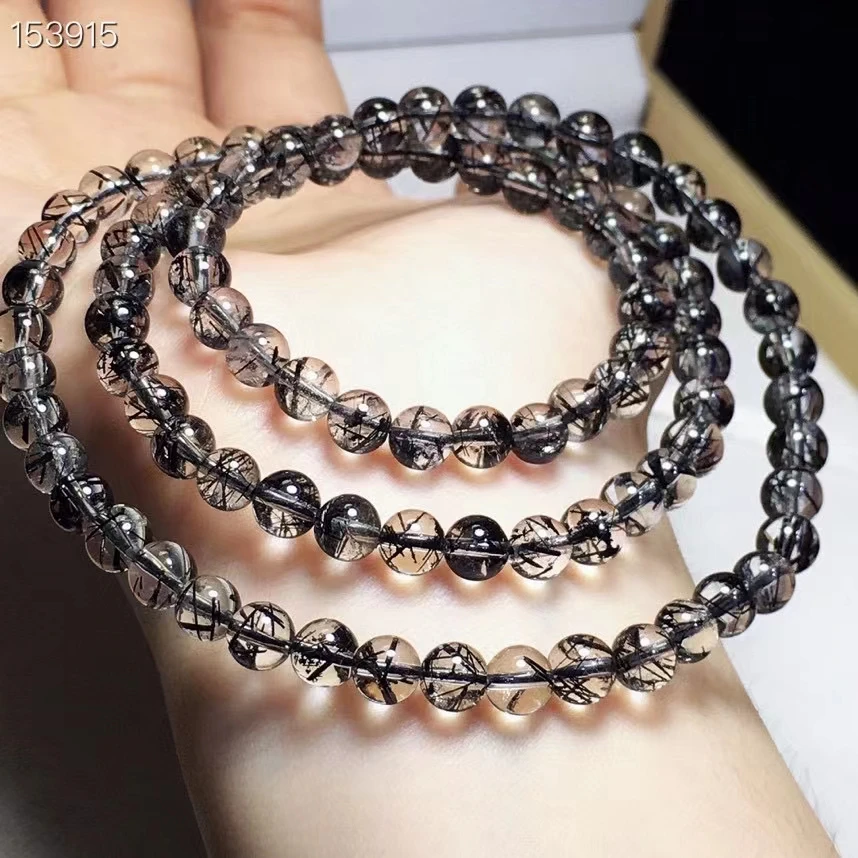 

Natural Black Rutilated Quartz Bracelet 3 Laps Brazil Women 5.5mm Clear Round Beads Rare Wealthy Bangle AAAAAA