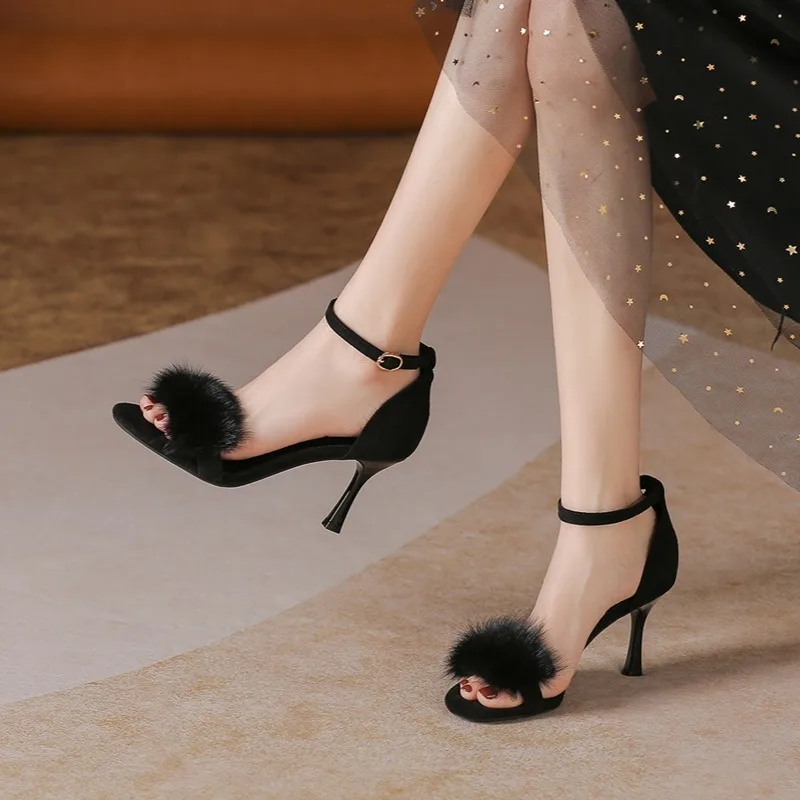 

Word strap open-toed mink hair versatile high heels summer new fairy banquet commuter Muse
