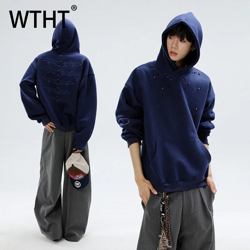 WTHT Fashion Men's Solid Color Spliced Metal Rivets Sweatshirt Trendy Hooded Long Sleeves Loose Pullover Male 2025 Autumn 2A2006